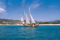 Vintage 1944 Custom Schooner sailing near scenic coastline under clear blue sky.