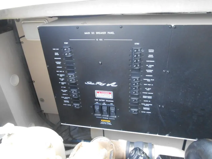 Yacht Photos Pics Main DC breaker panel of a 2004 Sea Ray 420 Sundancer boat.