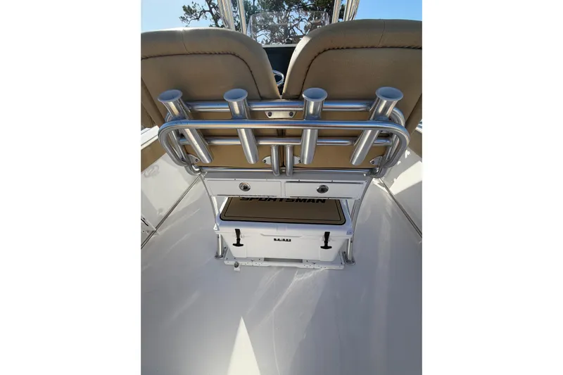  Yacht Photos Pics 2023 Sportsman Heritage 241 Center Console boat interior with rod holders and storage.