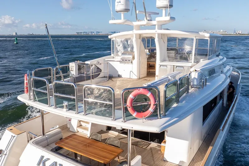 Kaya Yacht Photos Pics Luxurious 2003 Johnson 87' Motor Yacht cruising on open water, featuring spacious deck and modern amenities.