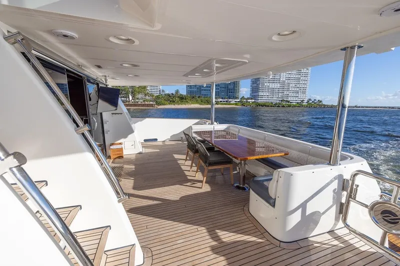 Kaya Yacht Photos Pics Luxurious 2003 Johnson 87' Motor Yacht deck with seating, table, and ocean view.