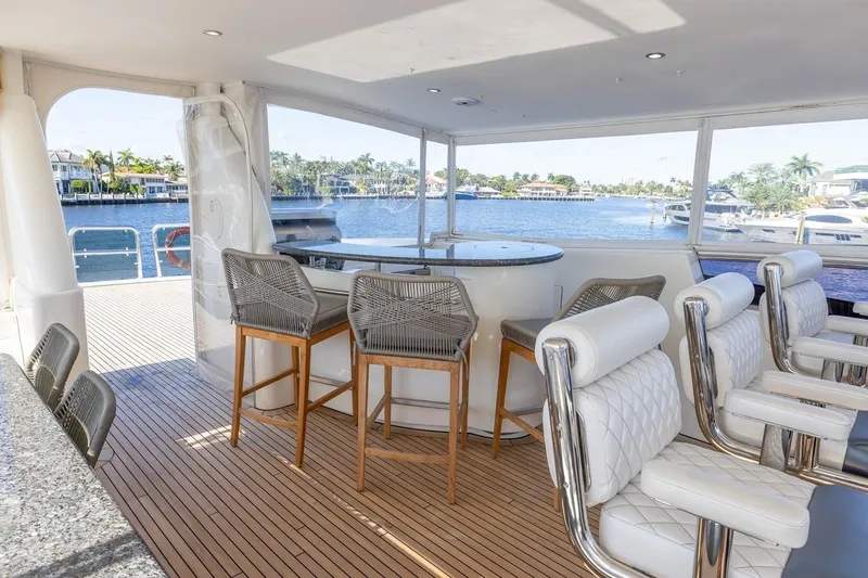 Kaya Yacht Photos Pics Luxurious 2003 Johnson 87' Motor Yacht interior with elegant seating and scenic waterfront view.