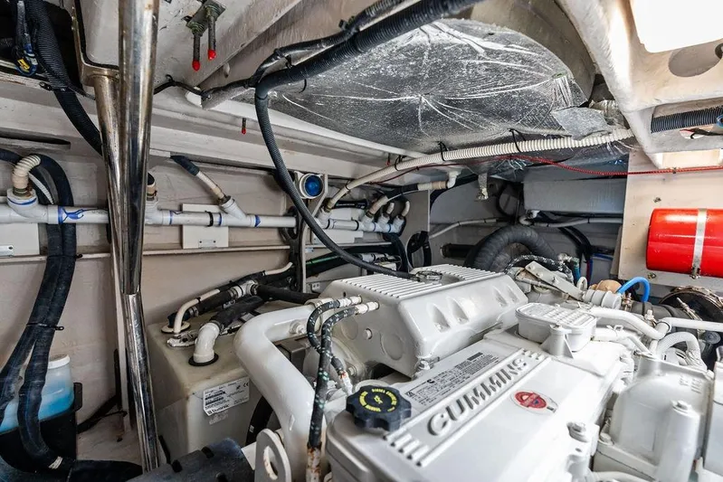 Ern'd It Yacht Photos Pics Engine room of 2017 Sea Ray Fly 510 yacht with Cummins engine and piping.