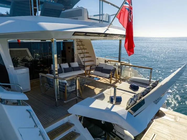  Yacht Photos Pics Luxurious 2025 Sunseeker 100 Yacht with spacious deck and elegant seating, cruising on serene waters.
