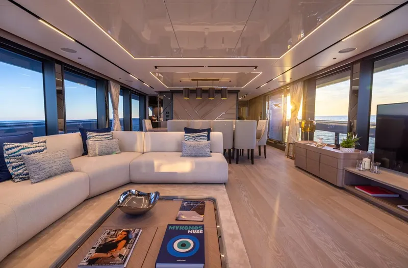  Yacht Photos Pics Luxurious interior of 2025 Sunseeker 100 Yacht with modern decor and panoramic ocean views.