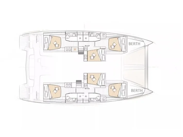  Yacht Photos Pics Floor plan of 2023 Excess 15 catamaran, featuring multiple berths and cabins.