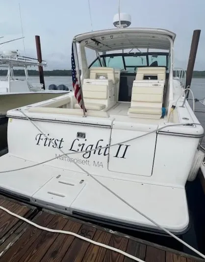 First Light II Yacht Photos Pics 1998 Tiara Yachts 3500 Open docked, named "First Light II," in Mattapoisett, MA.