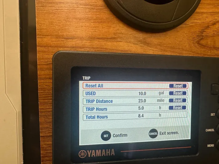  Yacht Photos Pics Yamaha display on 2023 Ranger Tugs R-25 showing trip data: fuel, distance, and hours.