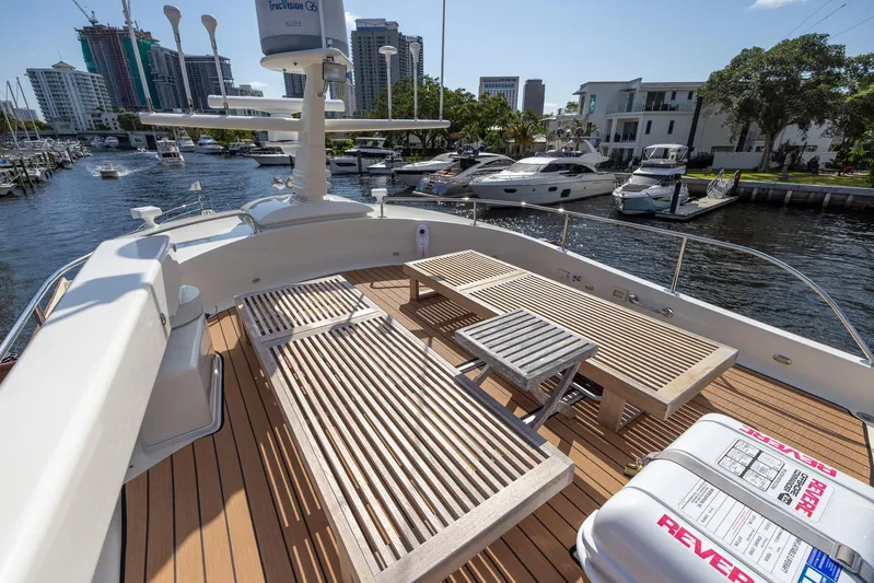Liberty Yacht Photos Pics 2004 Lyman-Morse Motoryacht deck with seating, docked in a marina with cityscape views.