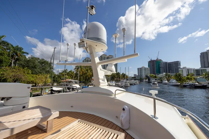 Liberty Yacht Photos Pics 2004 Lyman-Morse Motoryacht docked in a sunny marina with cityscape background.