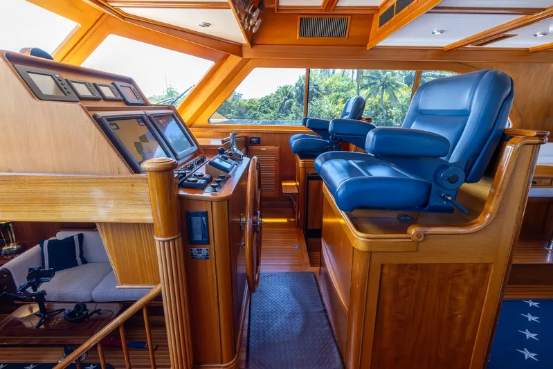 Liberty Yacht Photos Pics Luxurious 2004 Lyman-Morse Motoryacht helm with blue leather seats and wooden interior.