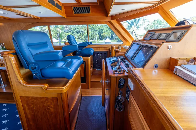 Liberty Yacht Photos Pics Luxurious 2004 Lyman-Morse Motoryacht helm with blue leather seats and advanced navigation equipment.