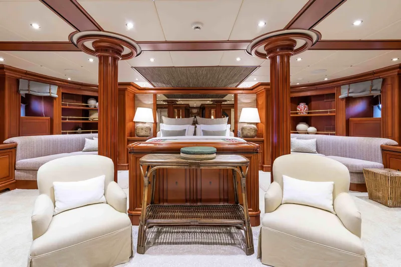 Yazz Yacht Photos Pics Luxurious 2007 Aegean Yacht interior with elegant wood finishes and plush seating.