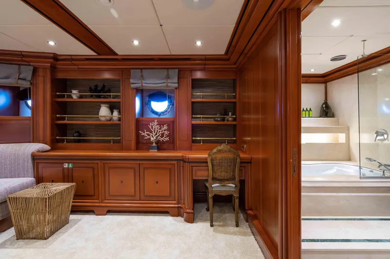 Yazz Yacht Photos Pics Luxurious 2007 Aegean Yacht interior with elegant wood paneling and modern bathroom amenities.