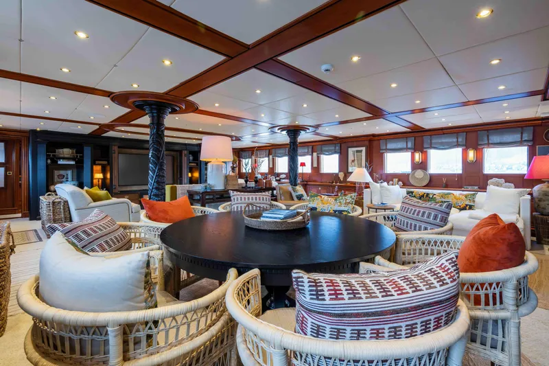 Yazz Yacht Photos Pics Luxurious interior of 2007 Aegean Yacht with elegant seating and warm lighting.