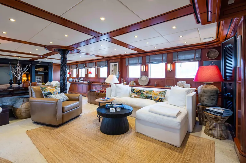 Yazz Yacht Photos Pics Luxurious 2007 Aegean Yacht interior with elegant seating and warm lighting.