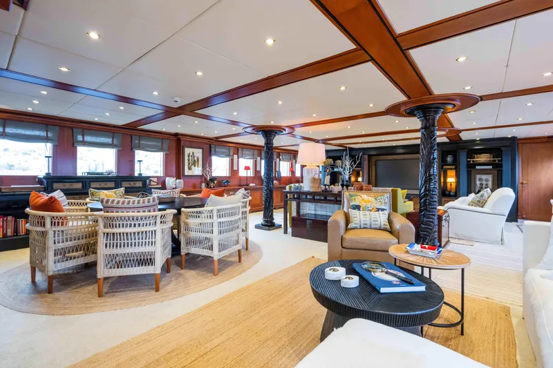 Yazz Yacht Photos Pics Luxurious 2007 Aegean Yacht interior with elegant seating, wooden accents, and modern decor.