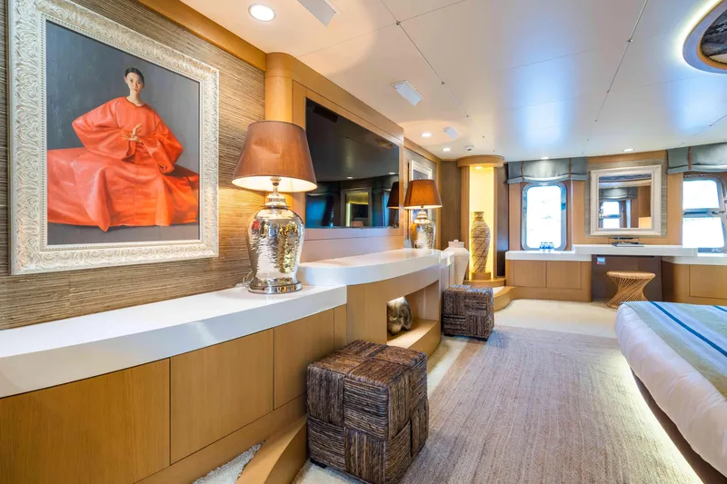 Yazz Yacht Photos Pics Luxurious 2007 Aegean Yacht interior with elegant decor, artwork, and modern furnishings.