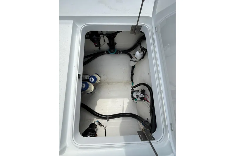  Yacht Photos Pics 2018 Yellowfin 32 Offshore boat compartment with wiring and components.