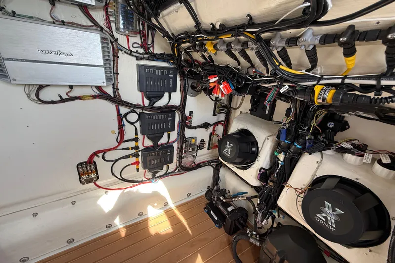  Yacht Photos Pics Electrical system of a 2018 Yellowfin 32 Offshore boat, featuring wiring and components.