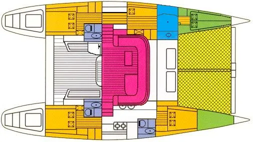 Vitesse Yacht Photos Pics Floor plan of a 1989 Lagoon 55 catamaran, showcasing colorful cabin layout and amenities.