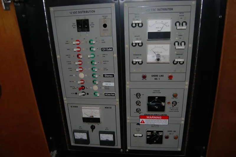 Vesper Yacht Photos Pics Electrical control panel on a 1987 Bertram 33 Sport Fisherman boat.