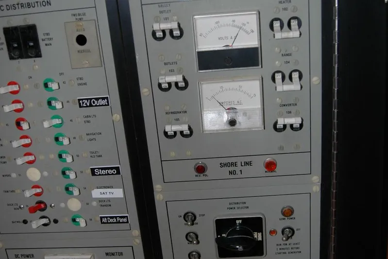 Vesper Yacht Photos Pics Electrical control panel on a 1987 Bertram 33 Sport Fisherman boat.