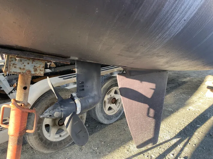 Eugenite Yacht Photos Pics Propeller and rudder of 2013 Lagoon 380 catamaran on trailer.