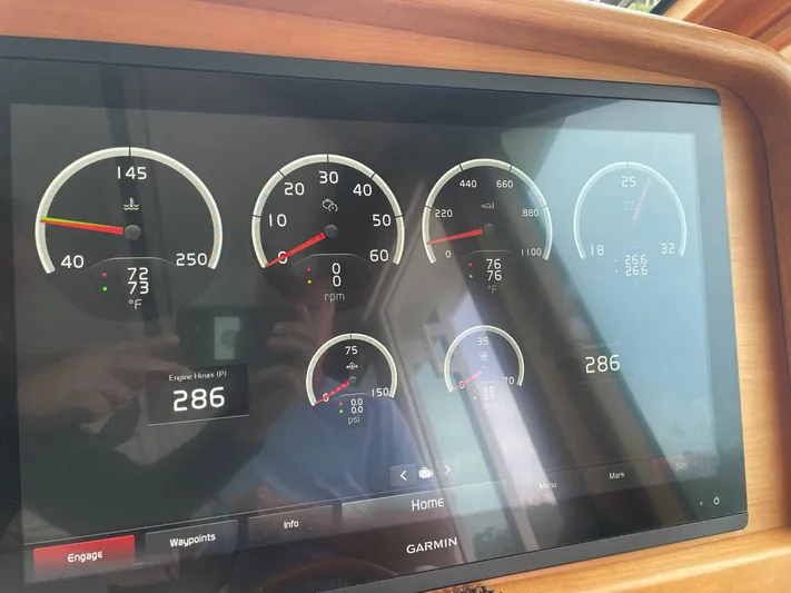 Last Resort Yacht Photos Pics Dashboard display of a 2021 Sabre 58 Salon Express with various gauges and readings.