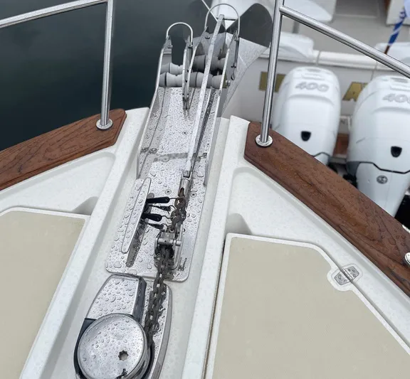 Last Resort Yacht Photos Pics Bow of 2021 Sabre 58 Salon Express with anchor chain and winch system.
