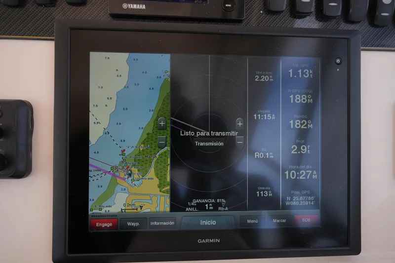 Yacht Photos Pics Garmin navigation display on 2014 Grady-White Freedom 307 boat, showing map and data.