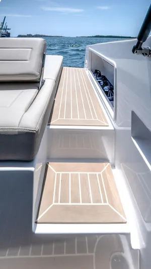  Yacht Photos Pics VanDutch 32 yacht deck with sleek seating, 2023 model, on open water.