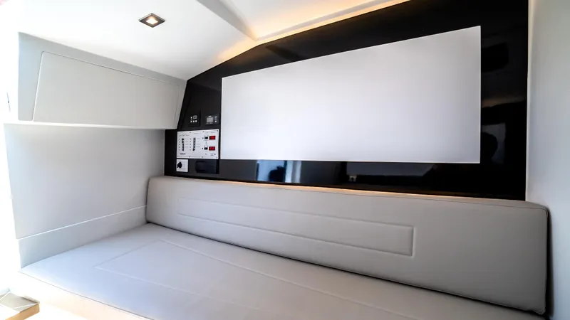  Yacht Photos Pics Interior of 2023 VanDutch 32 yacht, featuring sleek modern design and comfortable seating.