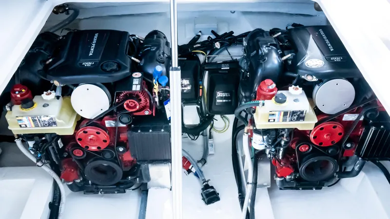  Yacht Photos Pics Engine compartment of 2023 VanDutch 32 yacht, showcasing dual powerful engines.