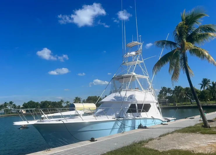  Yacht Photos Pics 1990 Hatteras 45 Convertible yacht docked by palm trees under a clear blue sky.