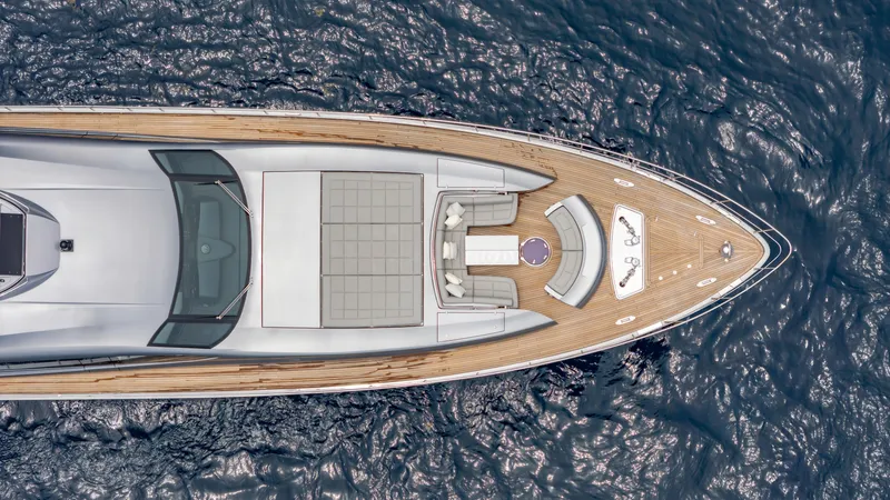  Yacht Photos Pics Aerial view of 2021 Pershing 108 yacht on open water.