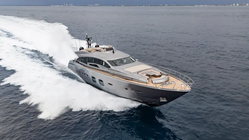  Yacht Photos Pics Luxury Pershing 108 yacht cruising on open sea, 2021 model.