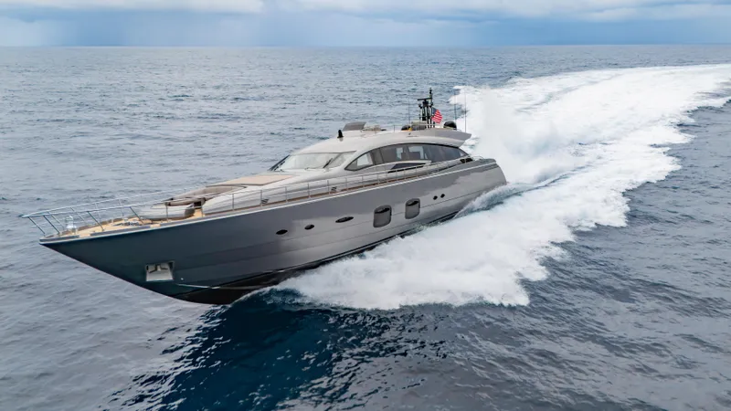  Yacht Photos Pics Luxury Pershing 108 yacht cruising on open sea, 2021 model.