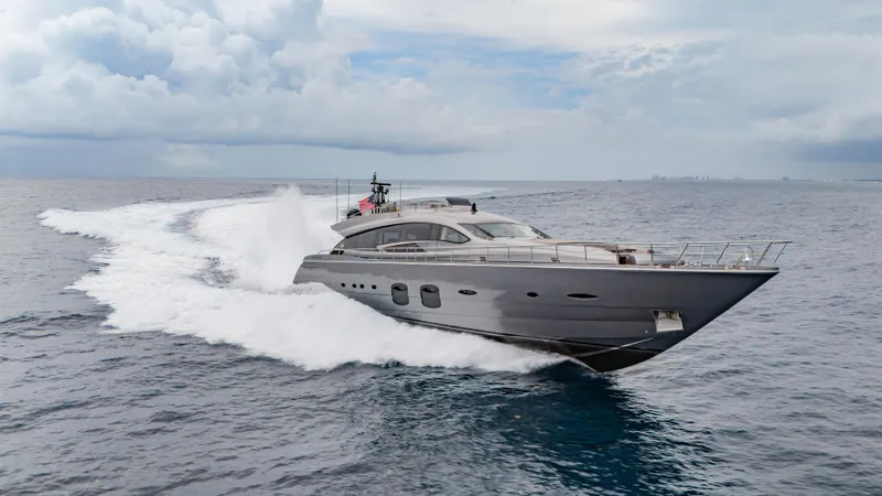  Yacht Photos Pics Luxury Pershing 108 yacht cruising on open sea, 2021 model.
