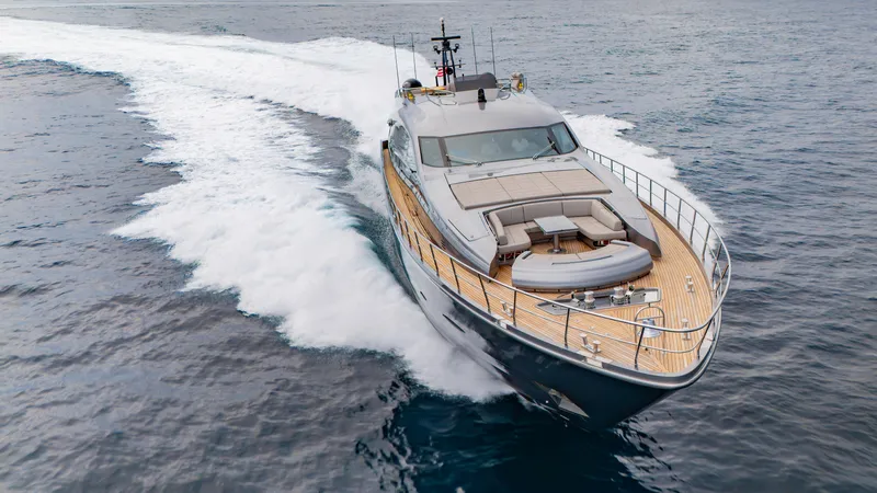  Yacht Photos Pics Luxury Pershing 108 yacht cruising on open water, 2021 model.