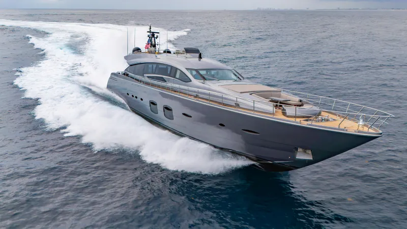  Yacht Photos Pics 2021 Pershing 108 yacht cruising on open sea, showcasing sleek design and luxury.