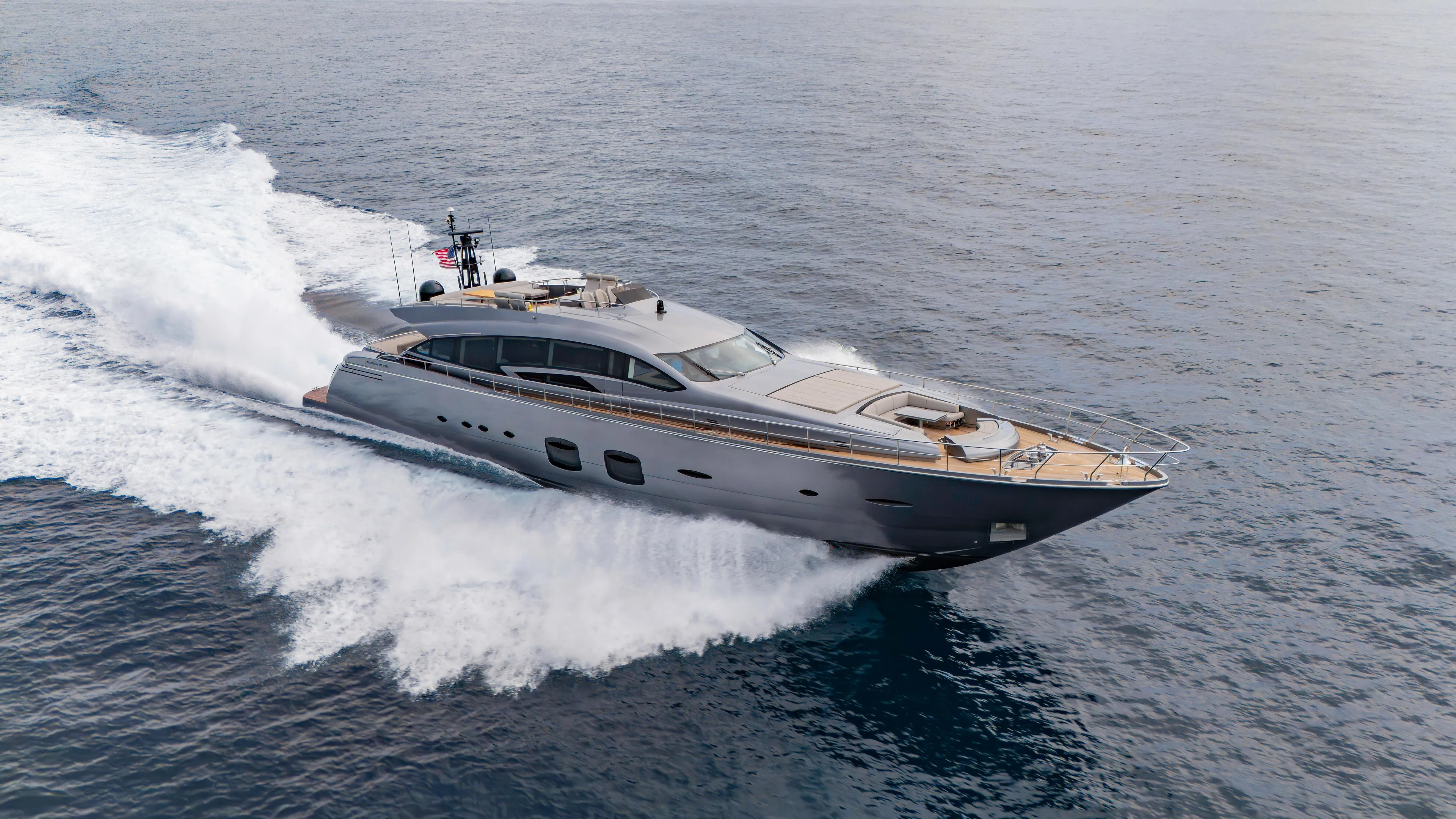  Yacht Photos Pics Luxury Pershing 108 yacht cruising on open sea, 2021 model.