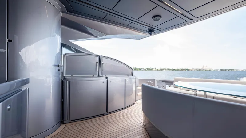  Yacht Photos Pics Luxurious 2021 Pershing 108 yacht deck with modern design and ocean view.