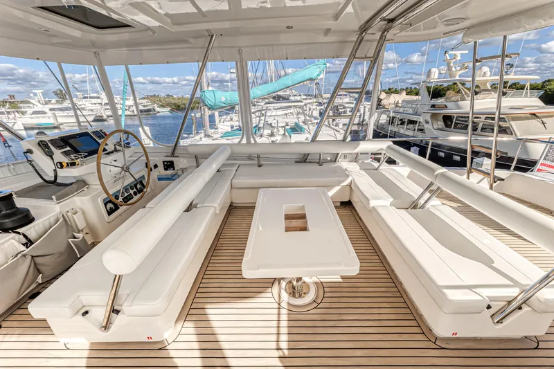 Aquarius Yacht Photos Pics Luxurious 2016 Leopard 58 yacht interior with spacious seating and modern helm.