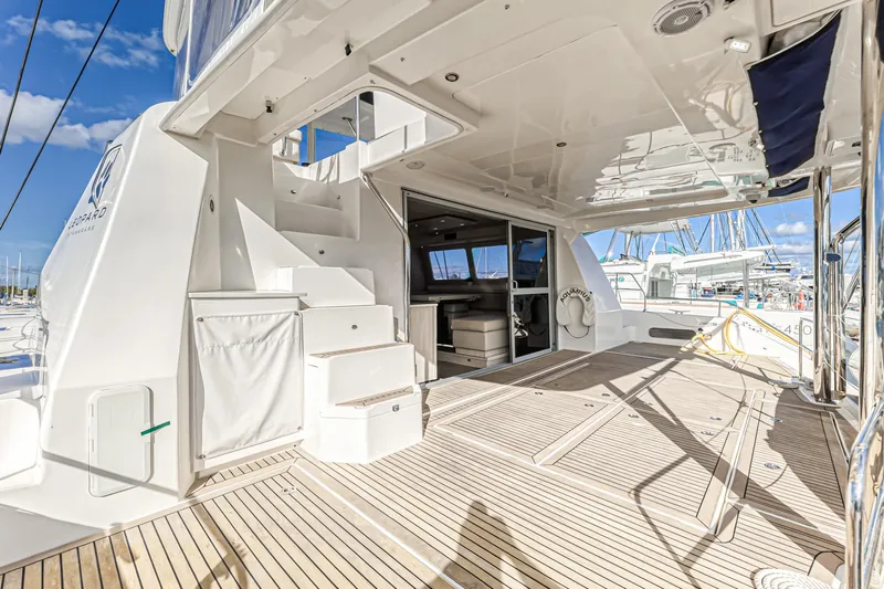 Aquarius Yacht Photos Pics Luxurious 2016 Leopard 58 yacht deck with spacious seating and modern design.