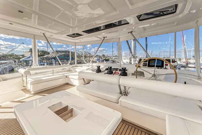 Aquarius Yacht Photos Pics Luxurious 2016 Leopard 58 yacht interior with spacious seating and modern helm.