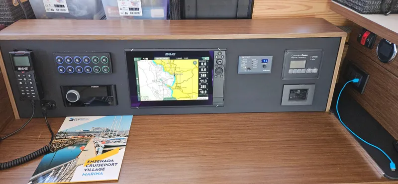 Night Out Yacht Photos Pics Navigation panel of 2023 Nautitech 44 Open catamaran with map display and controls.