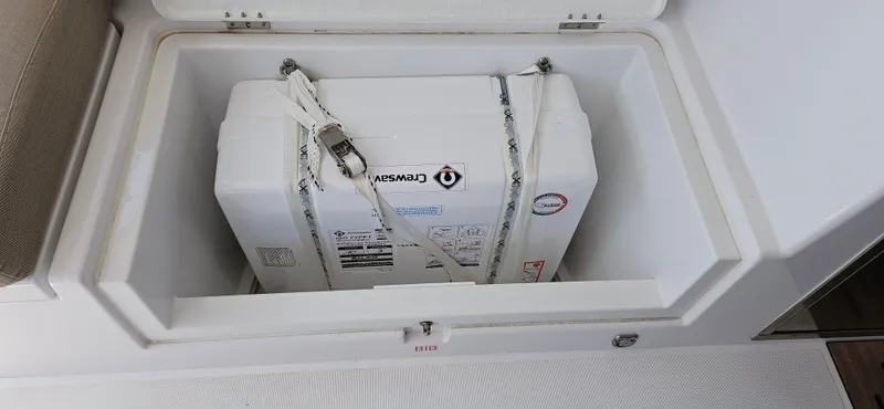 Night Out Yacht Photos Pics Storage compartment on 2023 Nautitech 44 Open yacht, featuring a secured white container.
