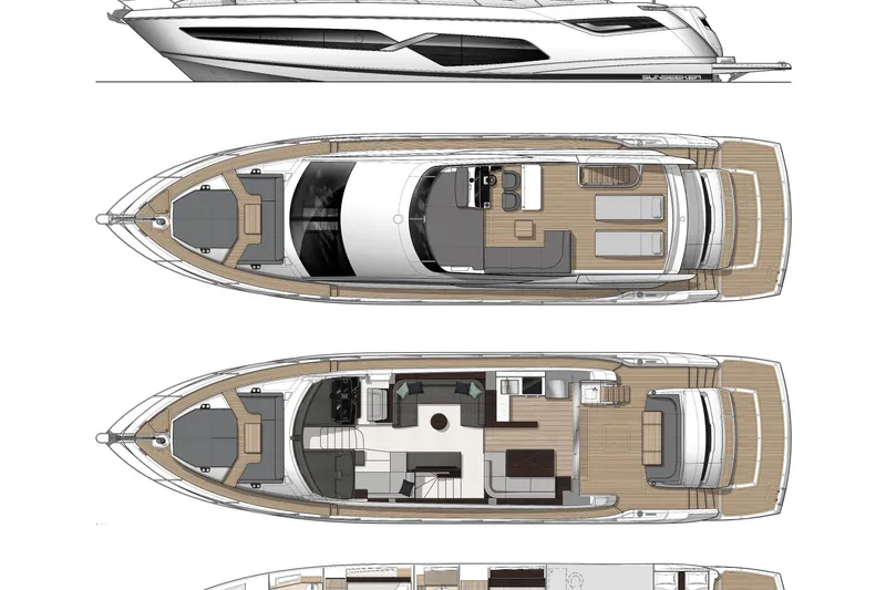 Alexstar Yacht Photos Pics 2021 Sunseeker Manhattan 68 yacht floor plan and side view, showcasing luxurious design.