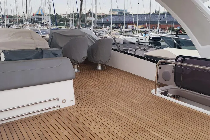 Alexstar Yacht Photos Pics Sunseeker Manhattan 68 yacht deck, 2021 model, with covered seating in a marina setting.